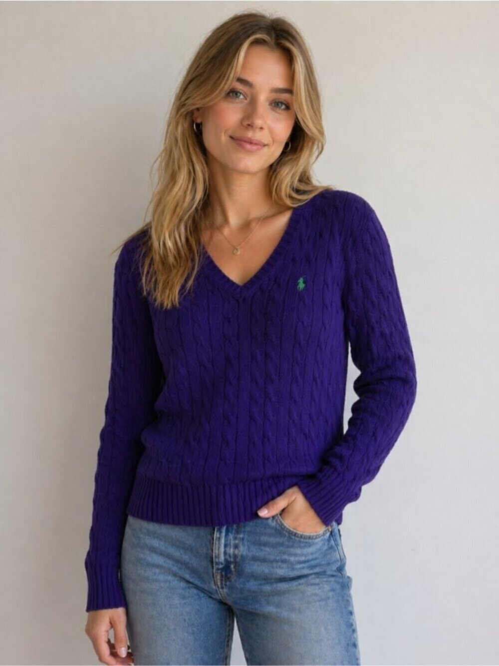 Ralph Lauren Sport Blue Purple Cable knit Green Pony V Neck Pullover